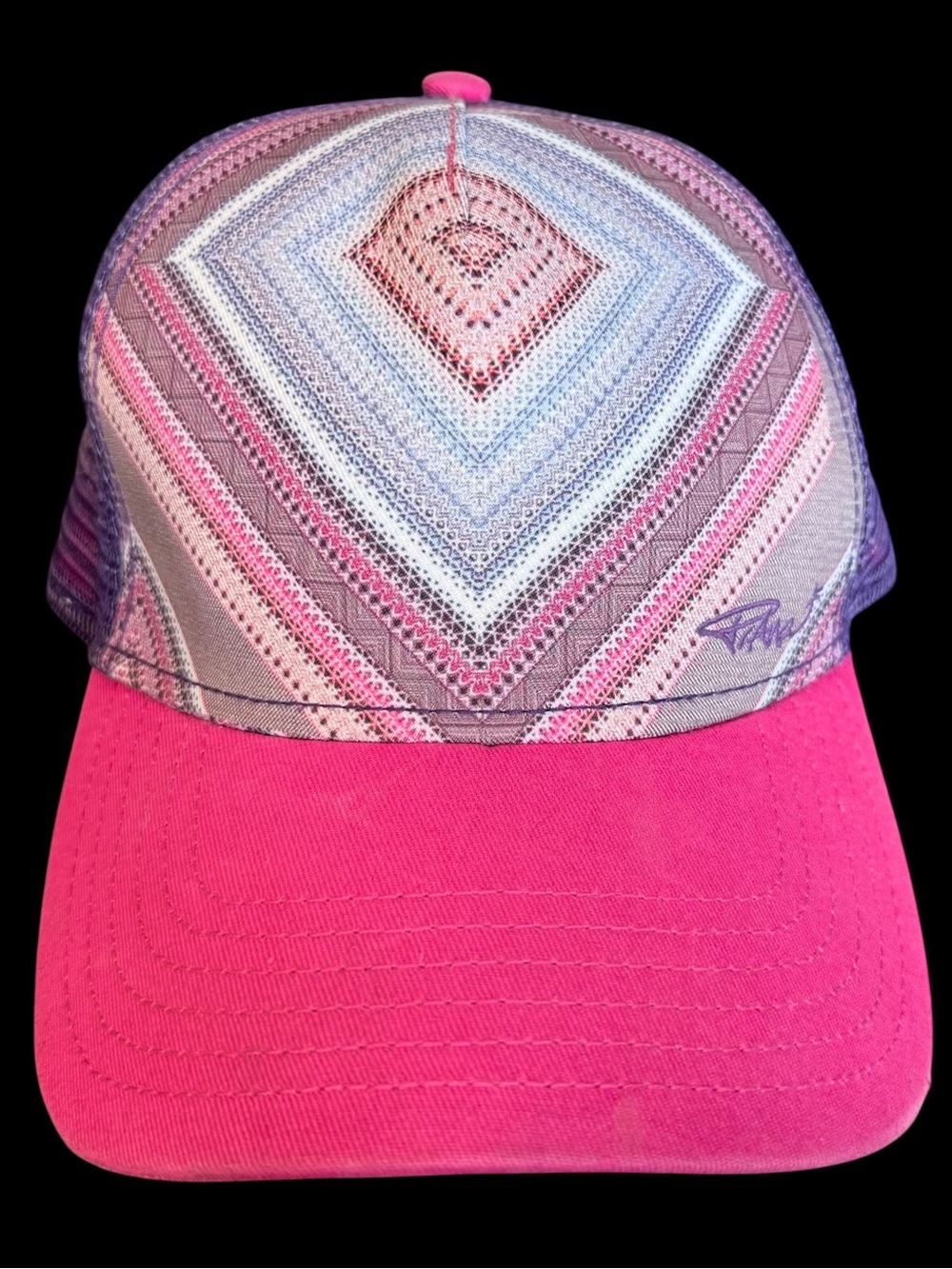 prAna La Viva Womens Trucker Hat Pink Purple Geometric Mesh Snapback OS